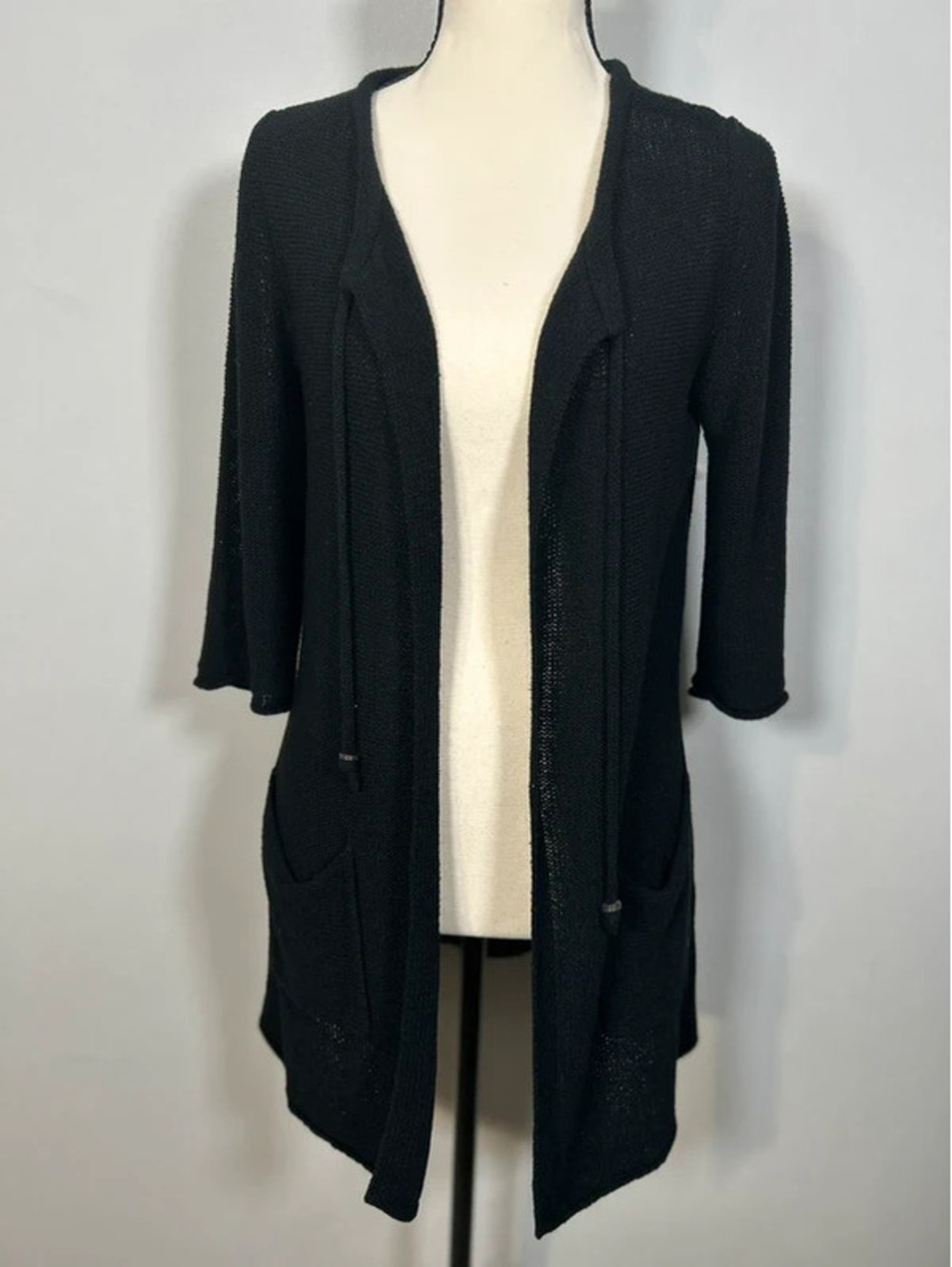 J. Jill Black Open Front Knit Cardigan Sweater Size S Petite Long Duster